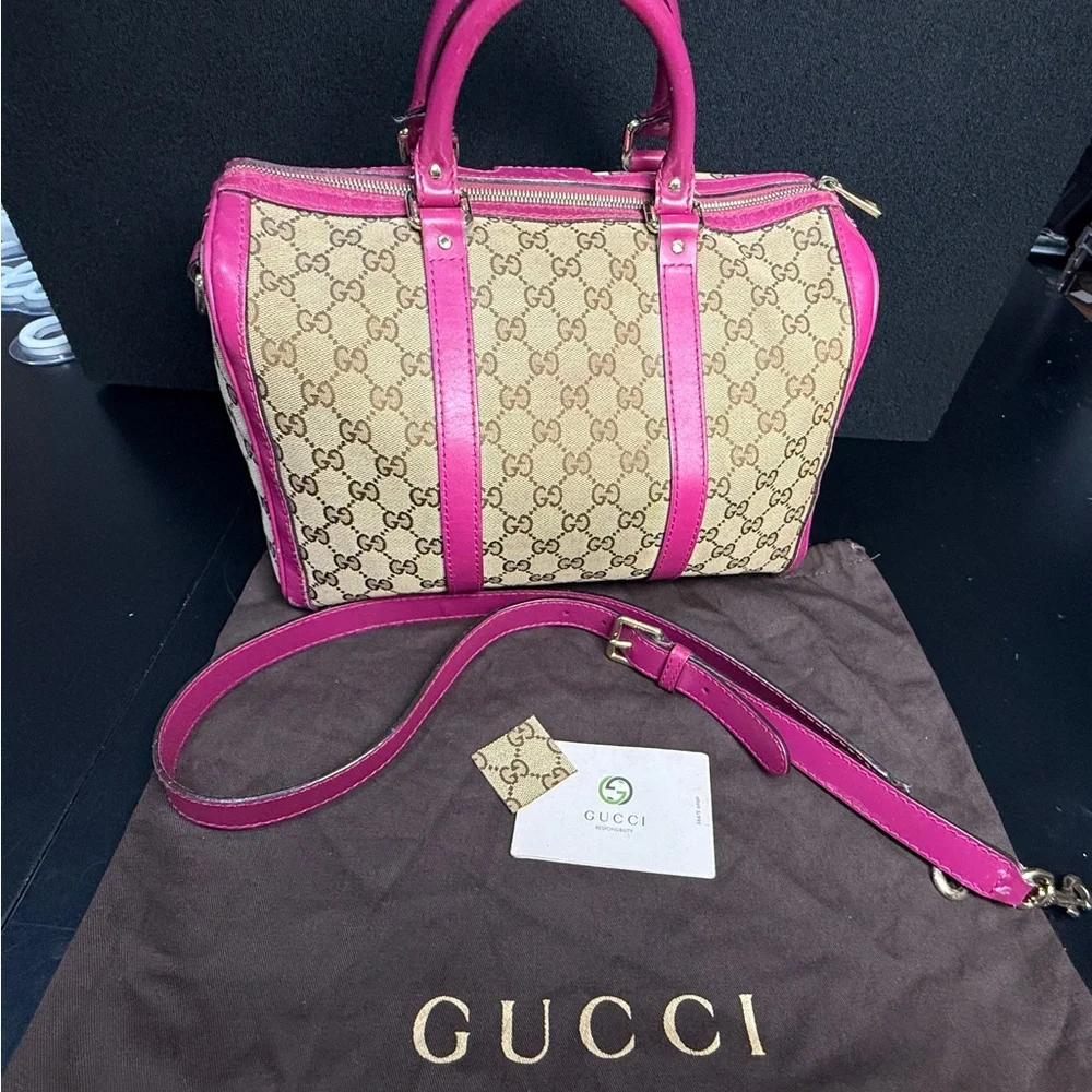 Gucci Beige GG Canvas Satchel with Bright Pink Leather Trim